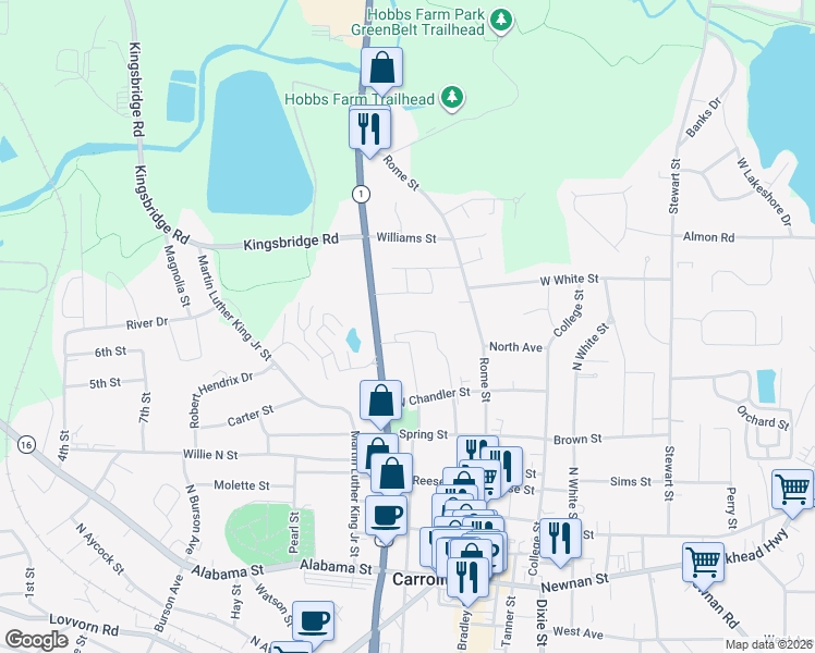map of restaurants, bars, coffee shops, grocery stores, and more near 155 Wrenwood Lane in Carrollton
