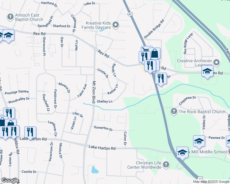 map of restaurants, bars, coffee shops, grocery stores, and more near 2802 Shelley Lane in Ellenwood