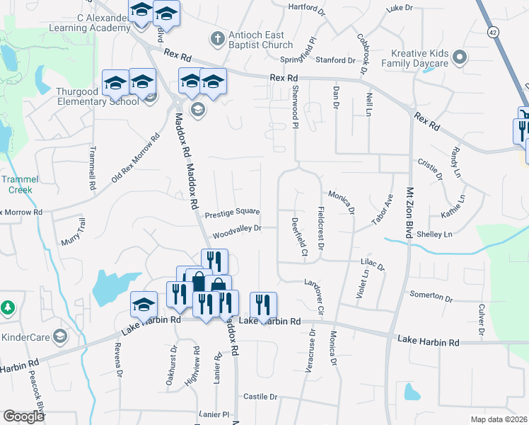 map of restaurants, bars, coffee shops, grocery stores, and more near 2446 Woodvalley Drive in Morrow