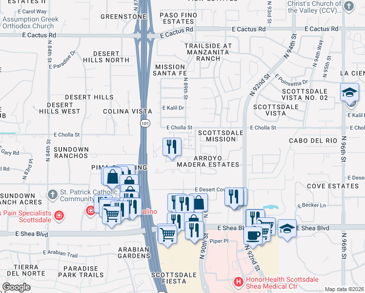 map of restaurants, bars, coffee shops, grocery stores, and more near 8957 East Shangri La Road in Scottsdale