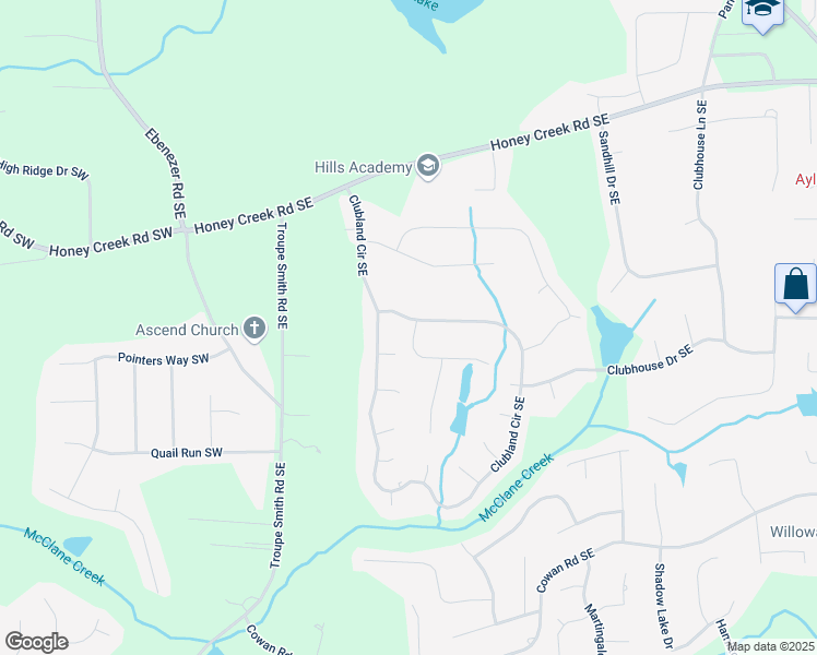 map of restaurants, bars, coffee shops, grocery stores, and more near 381 Clubland Circle Southeast in Conyers