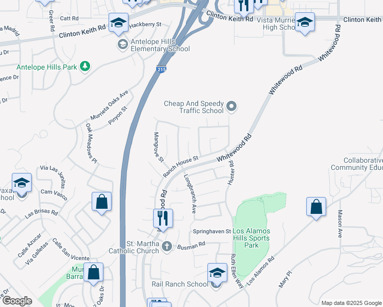map of restaurants, bars, coffee shops, grocery stores, and more near 36692 Ponderosa Court in Murrieta