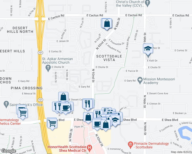 map of restaurants, bars, coffee shops, grocery stores, and more near 11011 North 92nd Street in Scottsdale