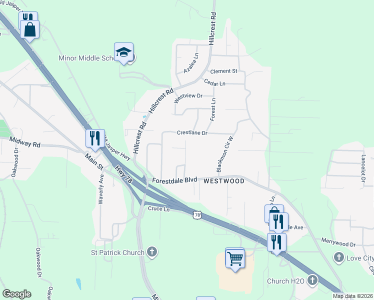 map of restaurants, bars, coffee shops, grocery stores, and more near 124 Baggett Hill Road in Adamsville