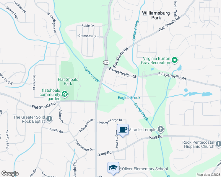 map of restaurants, bars, coffee shops, grocery stores, and more near 6117 Camden Forrest Drive in Riverdale
