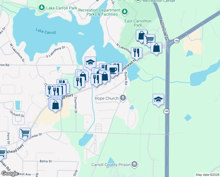 map of restaurants, bars, coffee shops, grocery stores, and more near 113 Shannon Drive in Carrollton