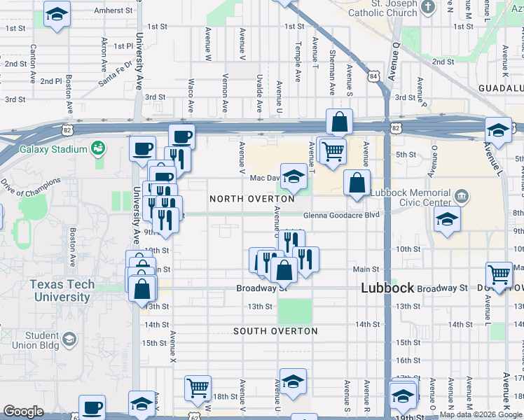 map of restaurants, bars, coffee shops, grocery stores, and more near 2119 Glenna Goodacre Boulevard in Lubbock
