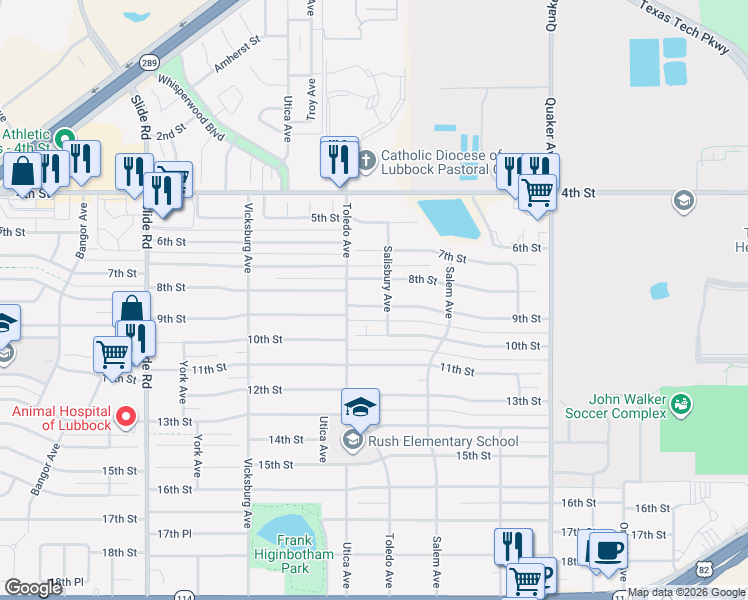 map of restaurants, bars, coffee shops, grocery stores, and more near 4617 9th Street in Lubbock