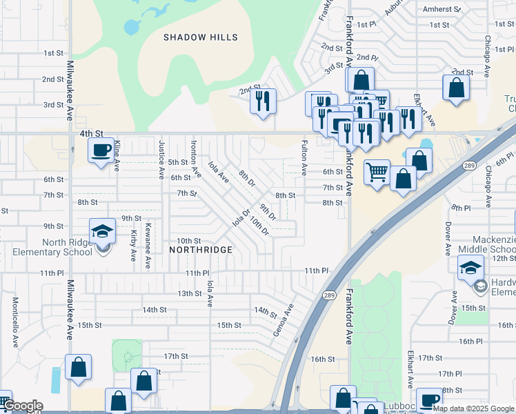 map of restaurants, bars, coffee shops, grocery stores, and more near 5929 10th Drive in Lubbock