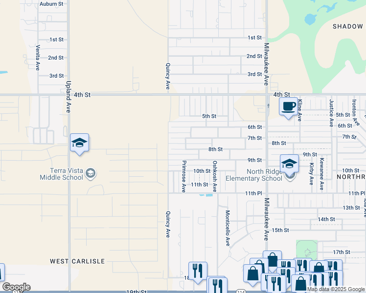 map of restaurants, bars, coffee shops, grocery stores, and more near 6807 8th Street in Lubbock