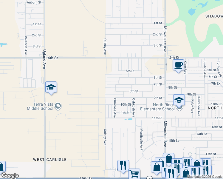 map of restaurants, bars, coffee shops, grocery stores, and more near 6911 8th Street in Lubbock