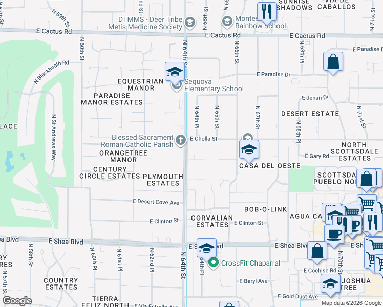 map of restaurants, bars, coffee shops, grocery stores, and more near 11042 North 64th Street in Scottsdale