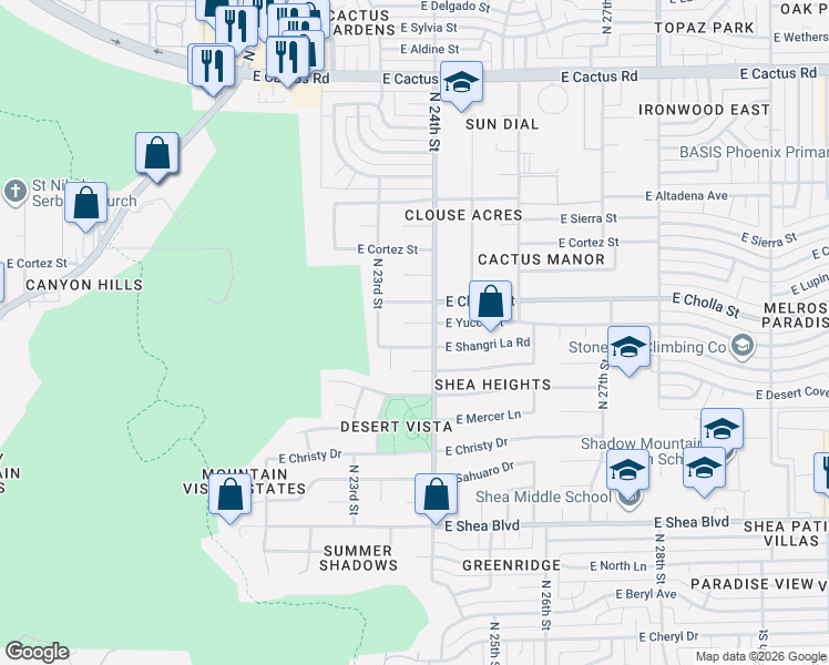 map of restaurants, bars, coffee shops, grocery stores, and more near 11229 North 23rd Place in Phoenix