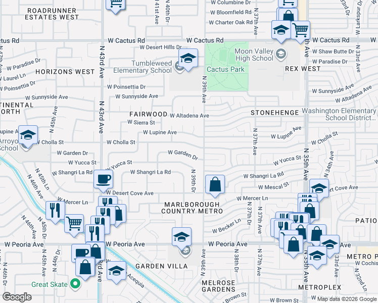 map of restaurants, bars, coffee shops, grocery stores, and more near 3940 West Yucca Street in Phoenix
