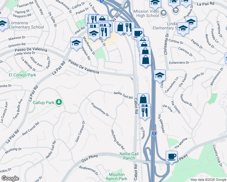 map of restaurants, bars, coffee shops, grocery stores, and more near 25902 Nellie Gail Road in Laguna Hills
