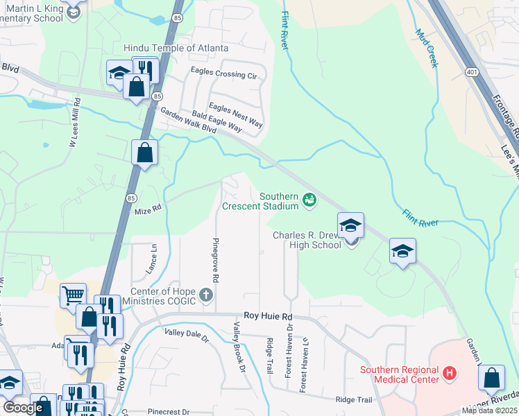 map of restaurants, bars, coffee shops, grocery stores, and more near 6111 Johnson Road in Riverdale