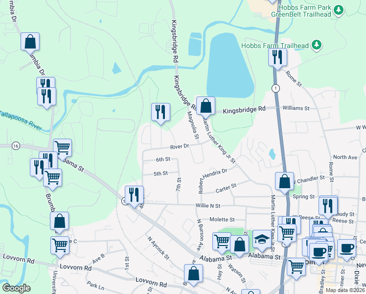 map of restaurants, bars, coffee shops, grocery stores, and more near 360b River Drive in Carrollton