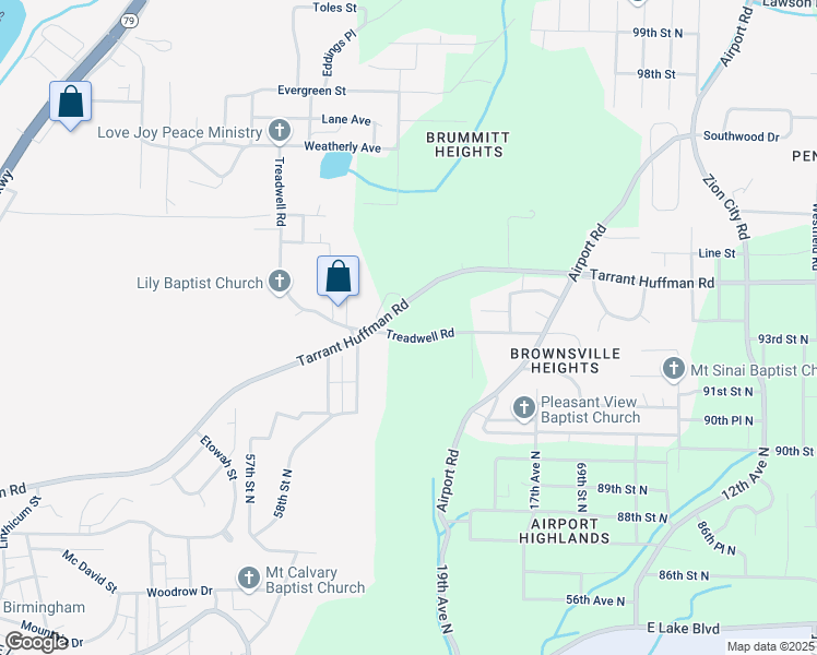 map of restaurants, bars, coffee shops, grocery stores, and more near 2000 Treadwell Road in Birmingham
