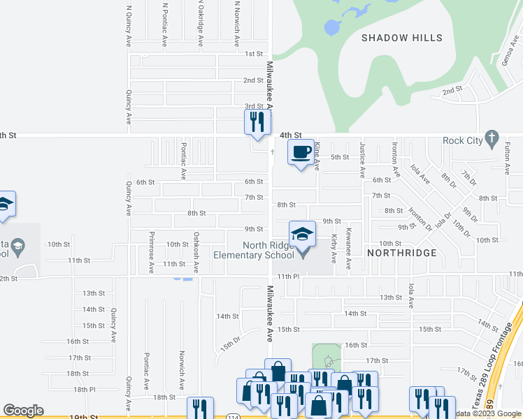 map of restaurants, bars, coffee shops, grocery stores, and more near 6504 8th Street in Lubbock
