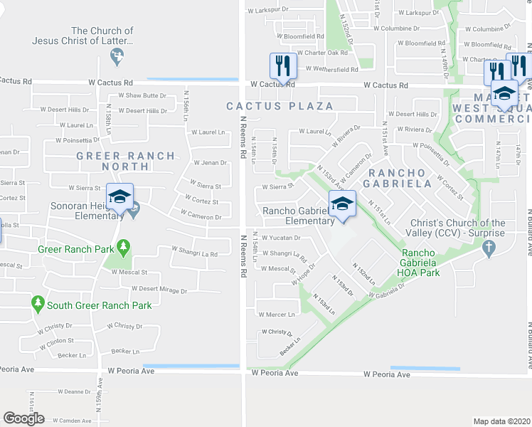 map of restaurants, bars, coffee shops, grocery stores, and more near 15466 West Cameron Drive in Surprise