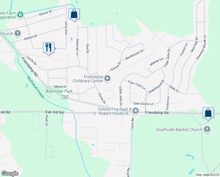 map of restaurants, bars, coffee shops, grocery stores, and more near 1822 Dewey Drive in Oxford