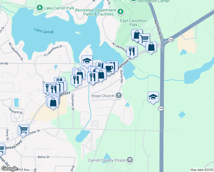 map of restaurants, bars, coffee shops, grocery stores, and more near 97 Carroll Circle in Carrollton