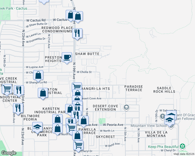 map of restaurants, bars, coffee shops, grocery stores, and more near 1720 West Shangri-la Road in Phoenix