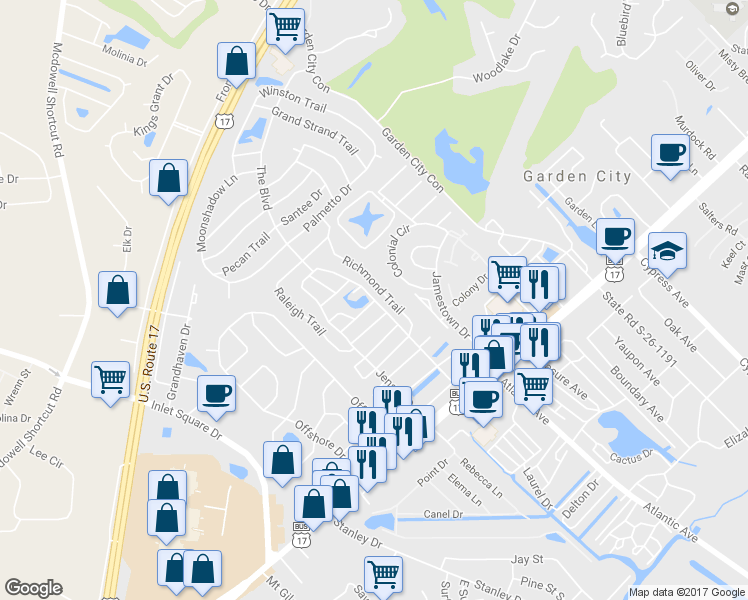 map of restaurants, bars, coffee shops, grocery stores, and more near 747 Myrtle Drive in Murrells Inlet