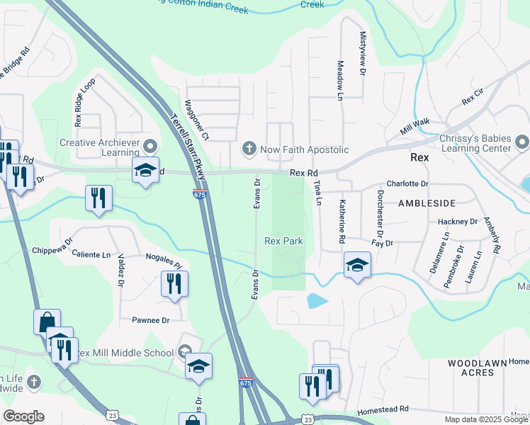 map of restaurants, bars, coffee shops, grocery stores, and more near 6096 Evans Drive in Rex
