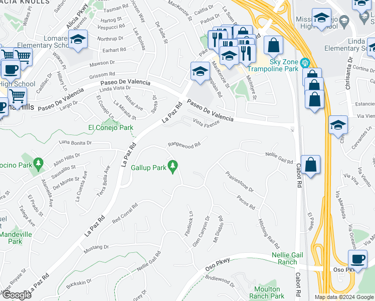 map of restaurants, bars, coffee shops, grocery stores, and more near 25582 Rangewood Road in Laguna Hills