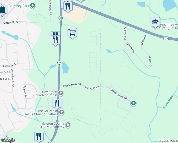 map of restaurants, bars, coffee shops, grocery stores, and more near Scenic Parkway Southeast in Covington