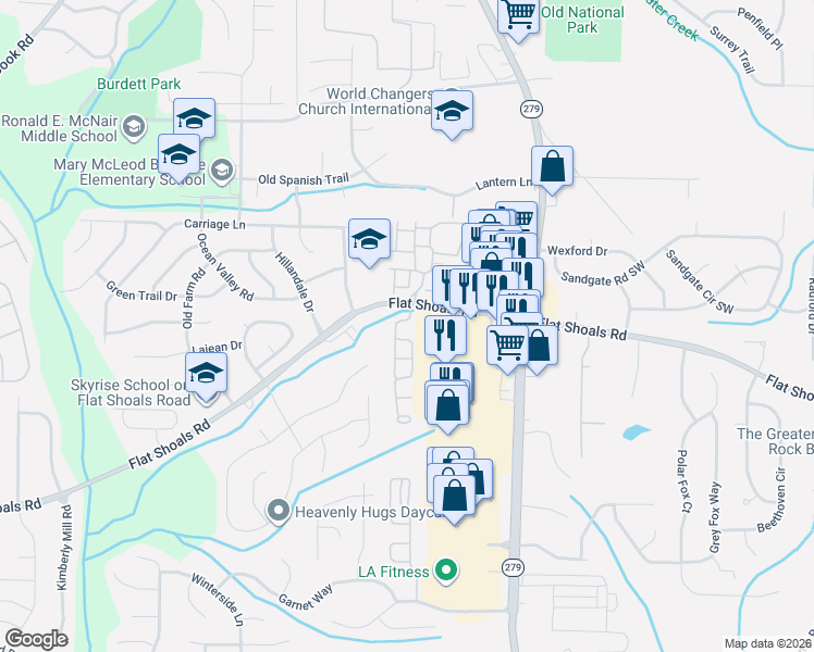 map of restaurants, bars, coffee shops, grocery stores, and more near 6229 Centennial Run in Atlanta