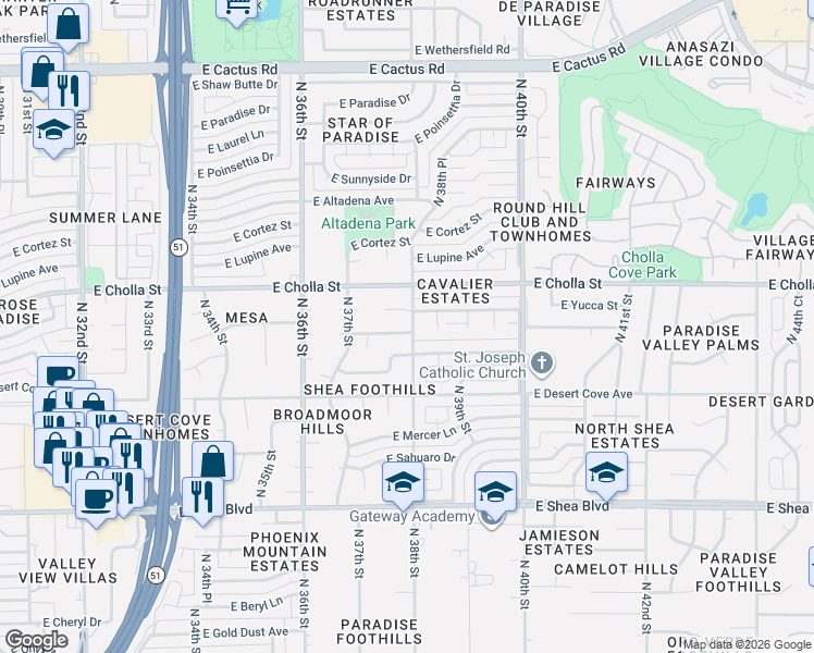 map of restaurants, bars, coffee shops, grocery stores, and more near 11050 North 38th Street in Phoenix