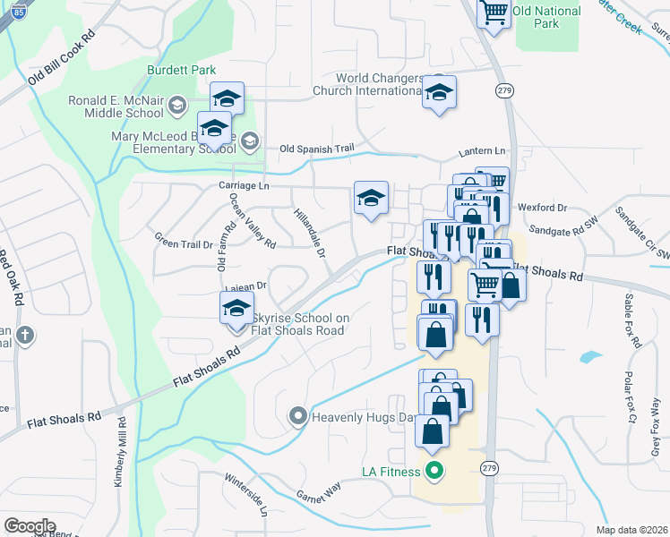 map of restaurants, bars, coffee shops, grocery stores, and more near 6140 Hillandale Drive in Atlanta