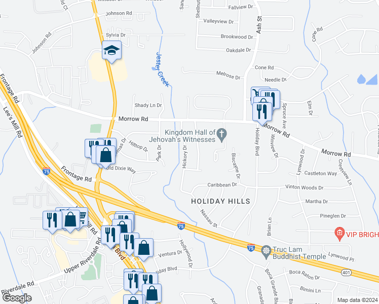 map of restaurants, bars, coffee shops, grocery stores, and more near 6084 Hickory Drive in Forest Park