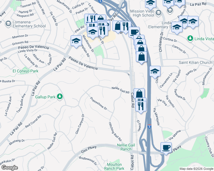 map of restaurants, bars, coffee shops, grocery stores, and more near 25901 Nellie Gail Road in Laguna Hills