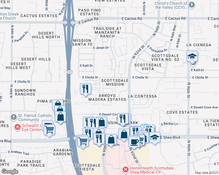 map of restaurants, bars, coffee shops, grocery stores, and more near 9070 East Gary Road in Scottsdale