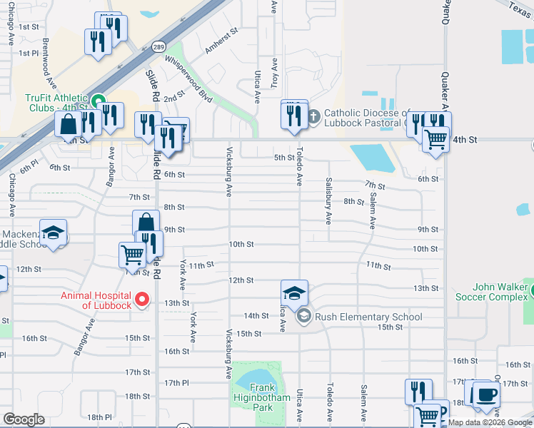 map of restaurants, bars, coffee shops, grocery stores, and more near 4815 8th Street in Lubbock