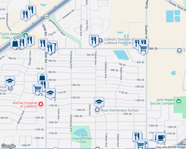 map of restaurants, bars, coffee shops, grocery stores, and more near 4804 9th Street in Lubbock
