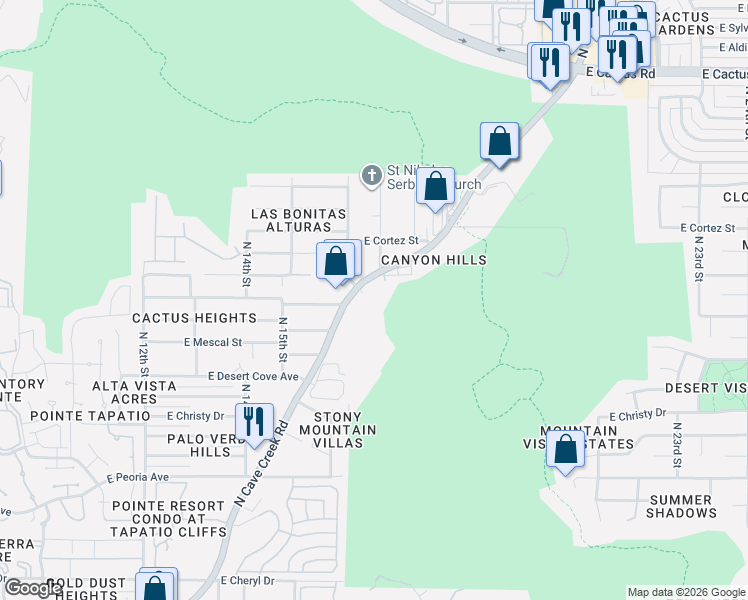 map of restaurants, bars, coffee shops, grocery stores, and more near 11049 North Cave Creek Road in Phoenix