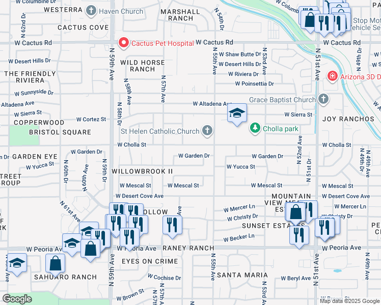 map of restaurants, bars, coffee shops, grocery stores, and more near 5534 West Yucca Street in Glendale
