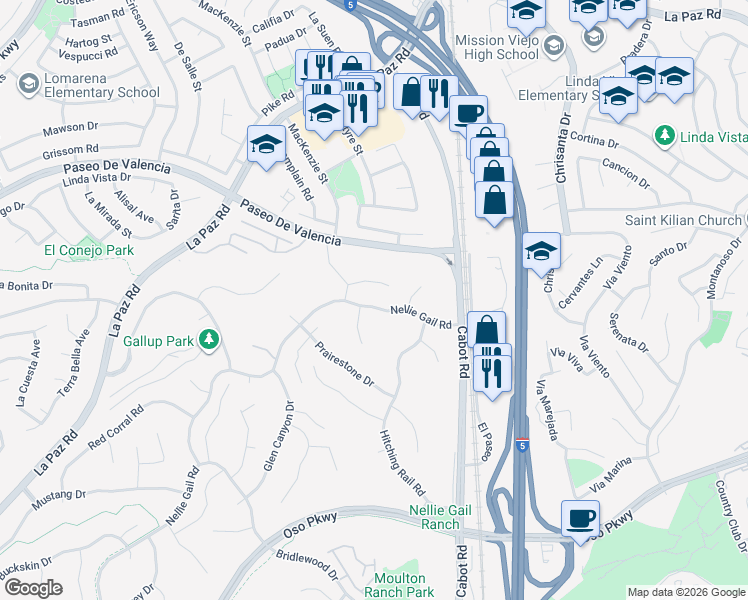 map of restaurants, bars, coffee shops, grocery stores, and more near 25901 Nellie Gail Road in Laguna Hills