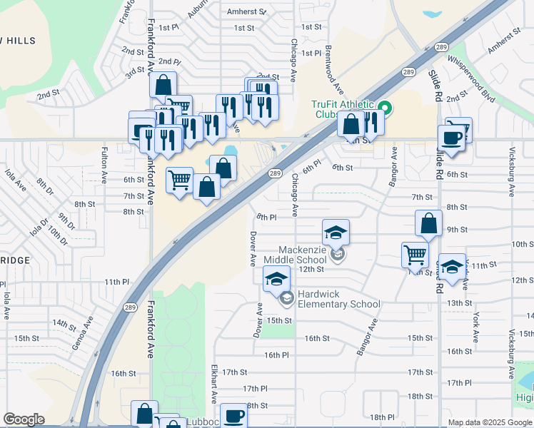 map of restaurants, bars, coffee shops, grocery stores, and more near 5514 9th Street in Lubbock