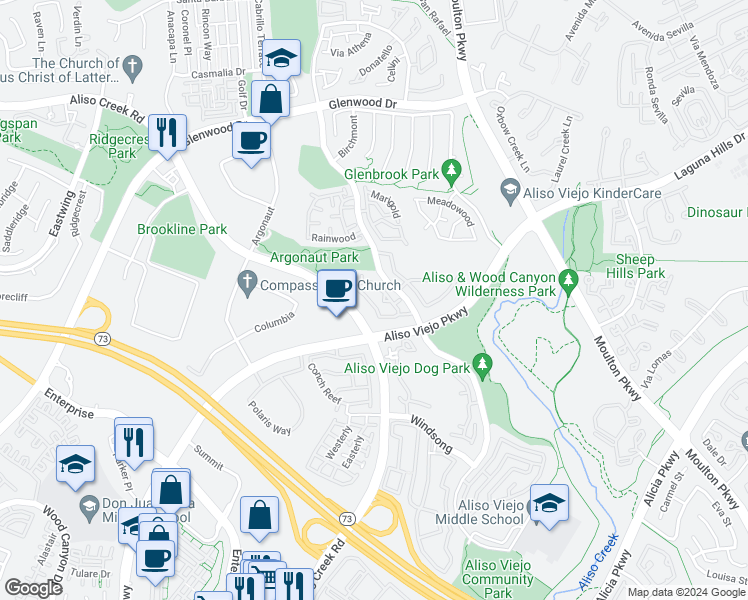 map of restaurants, bars, coffee shops, grocery stores, and more near 75 Montara Dr in Aliso Viejo