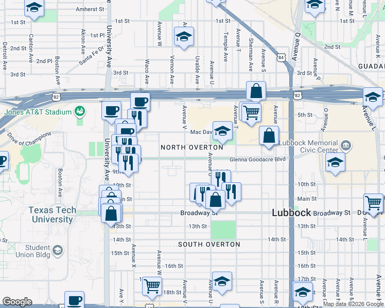 map of restaurants, bars, coffee shops, grocery stores, and more near 2120 Glenna Goodacre Boulevard in Lubbock