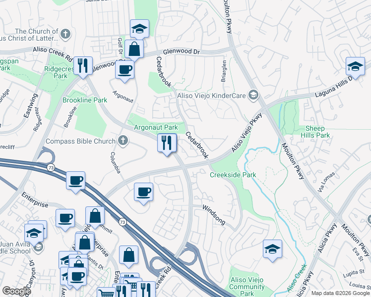 map of restaurants, bars, coffee shops, grocery stores, and more near 61 Montara Drive in Aliso Viejo