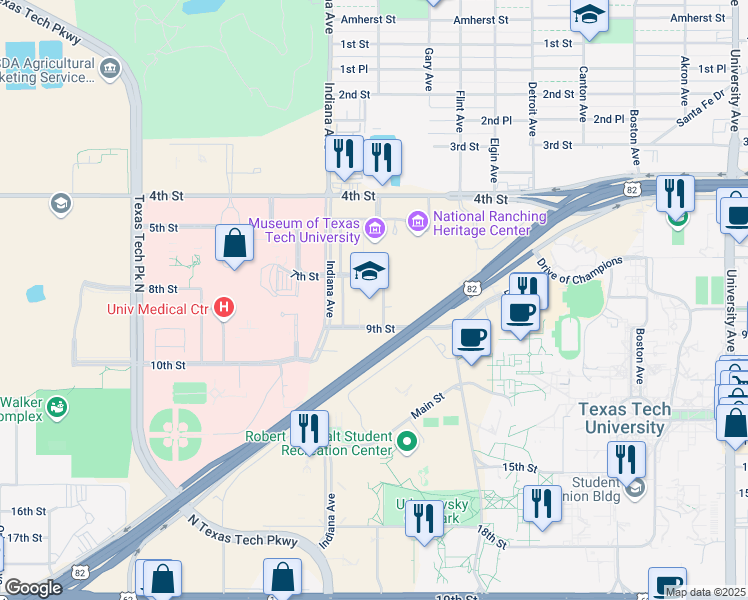 map of restaurants, bars, coffee shops, grocery stores, and more near 3304 9th Street in Lubbock