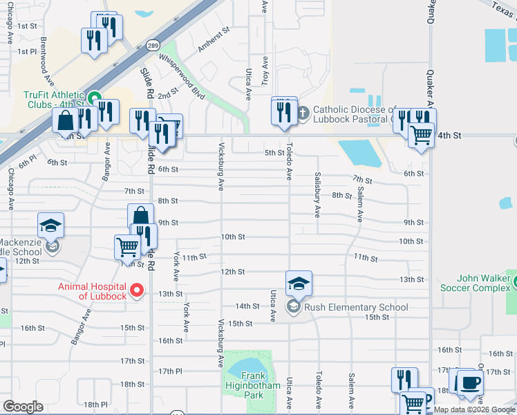 map of restaurants, bars, coffee shops, grocery stores, and more near 4818 9th Street in Lubbock