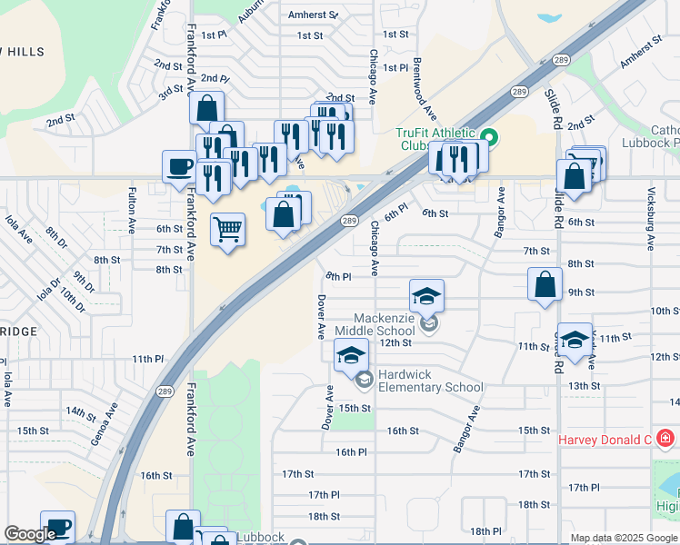 map of restaurants, bars, coffee shops, grocery stores, and more near 5514 9th Street in Lubbock