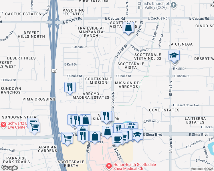 map of restaurants, bars, coffee shops, grocery stores, and more near 11250 North 92nd Street in Scottsdale